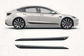 White car with black side stripe graphics on a white background